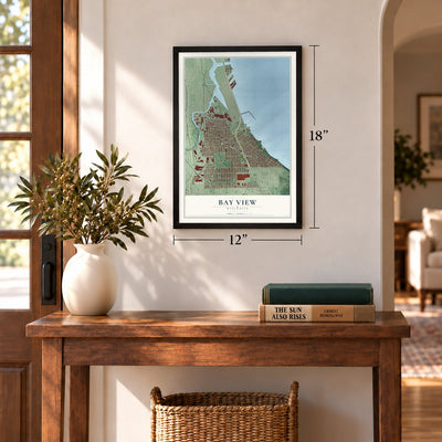 Bay View, Wisconsin map, 12 x 18 inch print in a black frame in an entryway