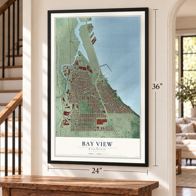 Bay View, Wisconsin map, 24 x 36 inch print in a black frame by a staircase