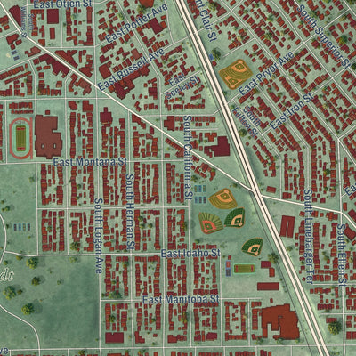 Close-up of the map of Bay View, Wisconsin print showing street and building detail