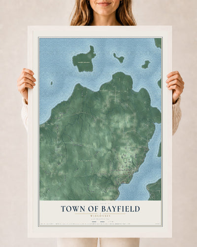 Map of the Town of Bayfield, Wisconsin, 24 x 36 inch print in a white wood frame