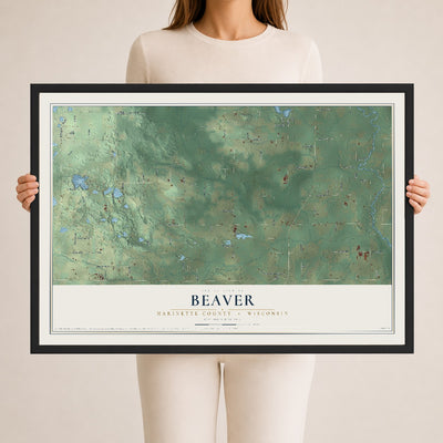 Map of Beaver, Marinette County, Wisconsin, 24 x 36 inch print in a black wood frame