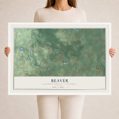 Map of Beaver, Marinette County, Wisconsin, 24 x 36 inch print in a white wood frame