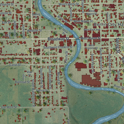 Close-up of the map of Berlin, Wisconsin print showing street and building detail