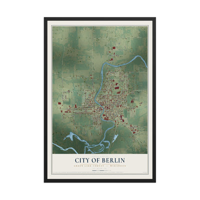Map of Berlin, Wisconsin, 12 x 18 inch print in a black wood frame