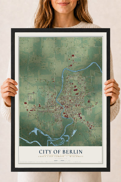 Map of Berlin, Wisconsin, 18 x 24 inch print in a black wood frame
