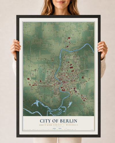Map of Berlin, Wisconsin, 24 x 36 inch print in a black wood frame