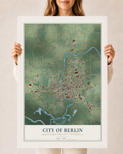 Map of Berlin, Wisconsin, 24 x 36 inch print in a white wood frame