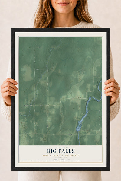 Map of Big Falls, Rusk County, Wisconsin, 18 x 24 inch print in a black wood frame