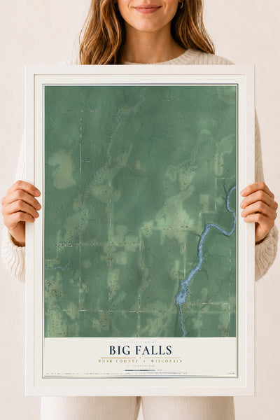 Map of Big Falls, Rusk County, Wisconsin, 18 x 24 inch print in a white wood frame