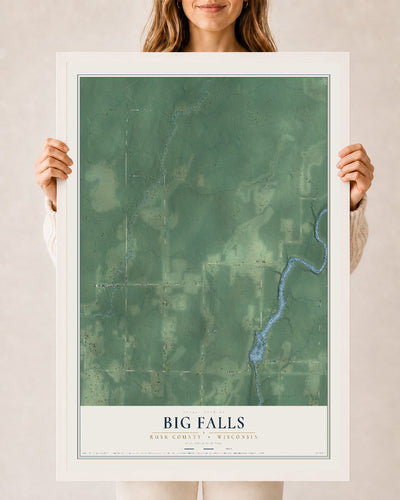 Map of Big Falls, Rusk County, Wisconsin, 24 x 36 inch print in a white wood frame