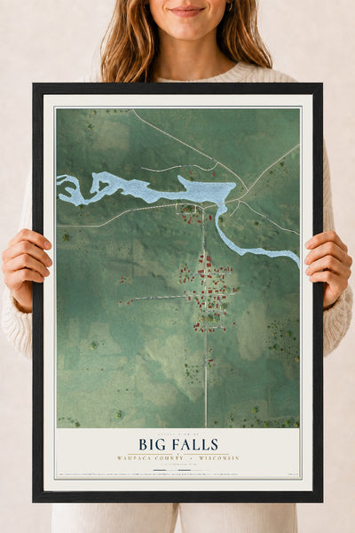 Map of Big Falls, Waupaca County, Wisconsin, 18 x 24 inch print in a black wood frame