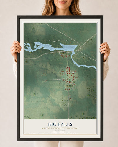 Map of Big Falls, Waupaca County, Wisconsin, 24 x 36 inch print in a black wood frame
