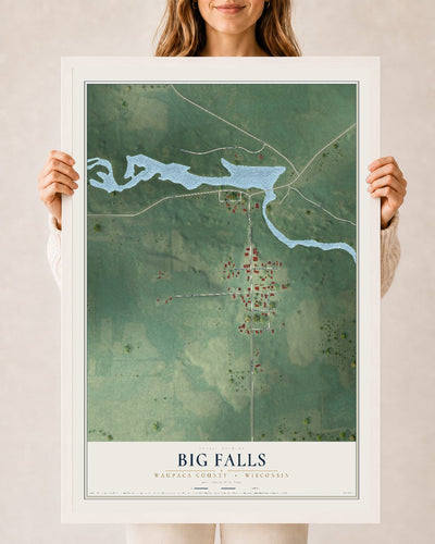Map of Big Falls, Waupaca County, Wisconsin, 24 x 36 inch print in a white wood frame