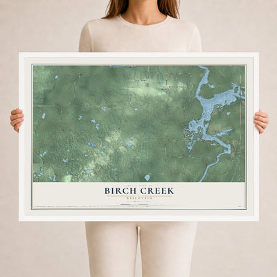 Map of Birch Creek, Wisconsin, 24 x 36 inch print in a white wood frame