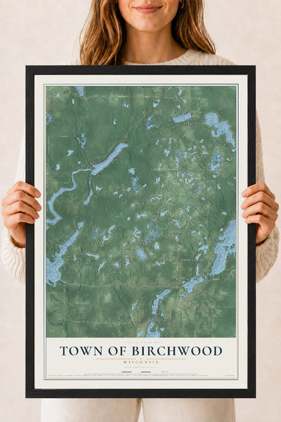 Map of the Town of Birchwood, Wisconsin, 18 x 24 inch print in a black wood frame