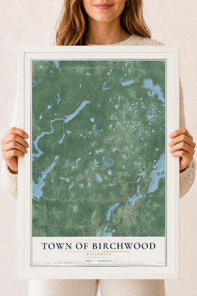 Map of the Town of Birchwood, Wisconsin, 18 x 24 inch print in a white wood frame