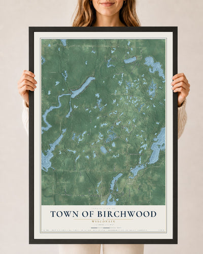 Map of the Town of Birchwood, Wisconsin, 24 x 36 inch print in a black wood frame