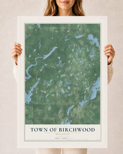 Map of the Town of Birchwood, Wisconsin, 24 x 36 inch print in a white wood frame