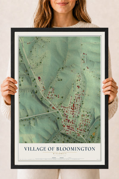 Map of Bloomington, Wisconsin, 18 x 24 inch print in a black wood frame