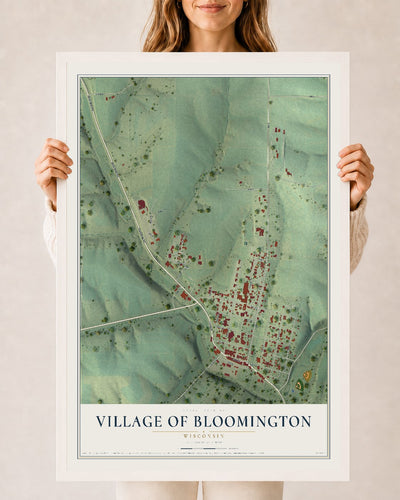 Map of Bloomington, Wisconsin, 24 x 36 inch print in a white wood frame