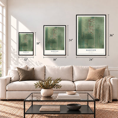 Bluffview, Wisconsin map in 12 x 18, 18 x 24 and 24 x 36 inch sizes above a sofa