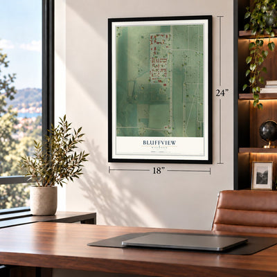 Bluffview, Wisconsin map, 18 x 24 inch print in a black frame in a home office