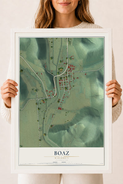 Map of Boaz, Wisconsin, 18 x 24 inch print in a white wood frame