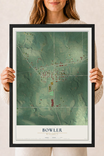 Map of Bowler, Wisconsin, 18 x 24 inch print in a black wood frame
