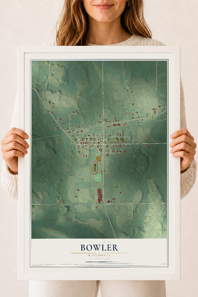 Map of Bowler, Wisconsin, 18 x 24 inch print in a white wood frame
