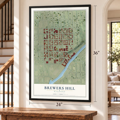 Brewers Hill, Wisconsin map, 24 x 36 inch print in a black frame by a staircase