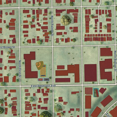 Close-up of the map of Brewers Hill, Wisconsin print showing street and building detail