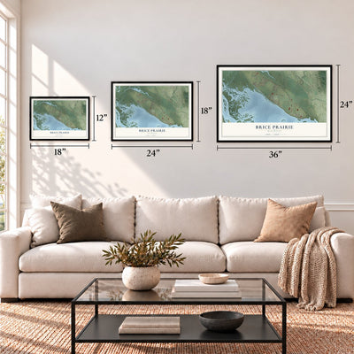 Brice Prairie, Wisconsin map in 12 x 18, 18 x 24 and 24 x 36 inch sizes above a sofa