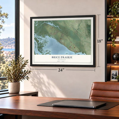 Brice Prairie, Wisconsin map, 18 x 24 inch print in a black frame in a home office