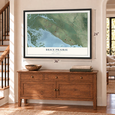 Brice Prairie, Wisconsin map, 24 x 36 inch print in a black frame above a dresser by a staircase