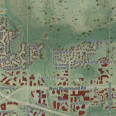 Second close-up of the map of the Town of Brookfield, Wisconsin print showing more streets and buildings