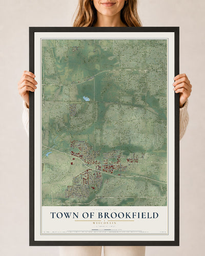 Map of the Town of Brookfield, Wisconsin, 24 x 36 inch print in a black wood frame