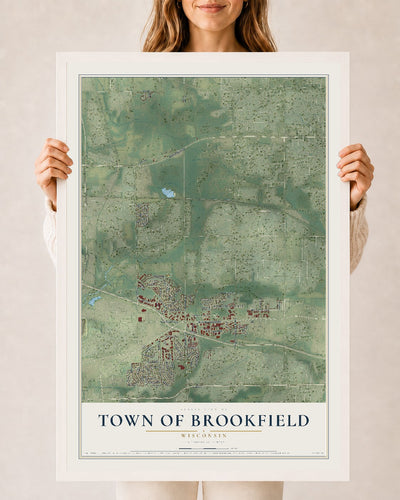 Map of the Town of Brookfield, Wisconsin, 24 x 36 inch print in a white wood frame