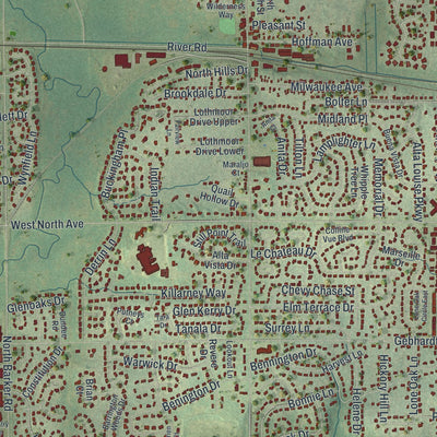 Close-up of the map of Brookfield, Wisconsin print showing street and building detail
