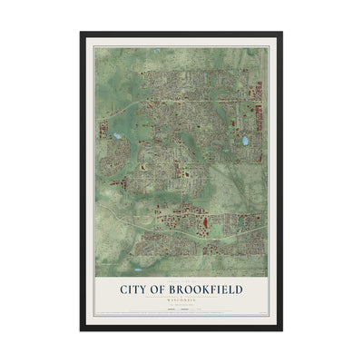 Map of Brookfield, Wisconsin, 12 x 18 inch print in a black wood frame
