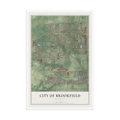Map of Brookfield, Wisconsin, 12 x 18 inch print in a white wood frame