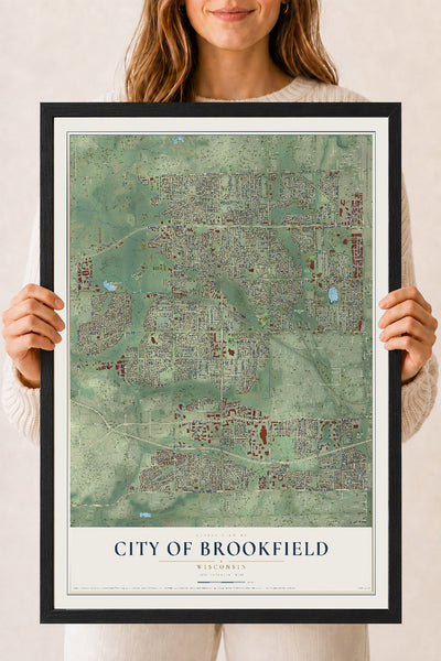 Map of Brookfield, Wisconsin, 18 x 24 inch print in a black wood frame