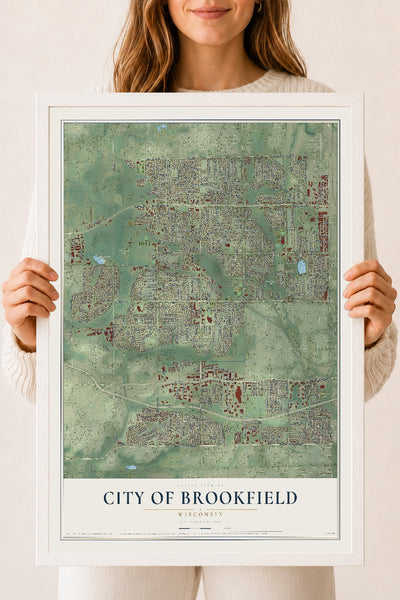 Map of Brookfield, Wisconsin, 18 x 24 inch print in a white wood frame