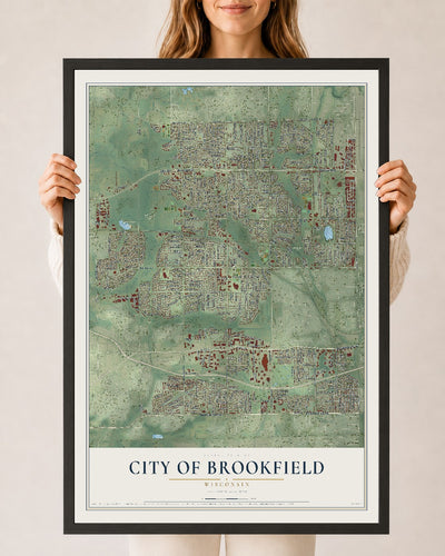 Map of Brookfield, Wisconsin, 24 x 36 inch print in a black wood frame