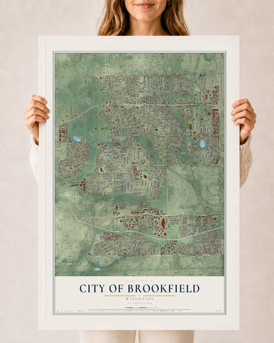 Map of Brookfield, Wisconsin, 24 x 36 inch print in a white wood frame