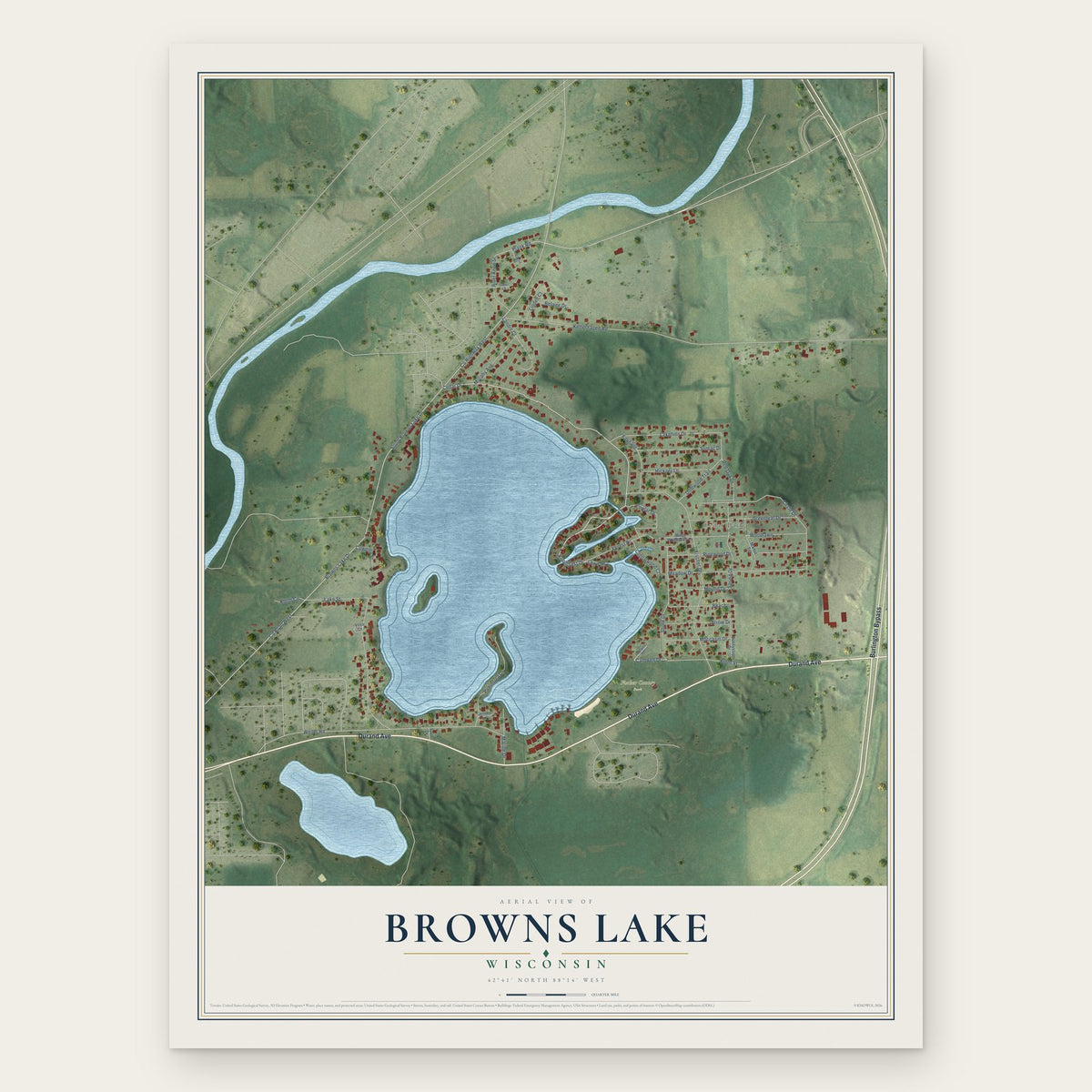 Browns Lake, Wisconsin map print, the full design