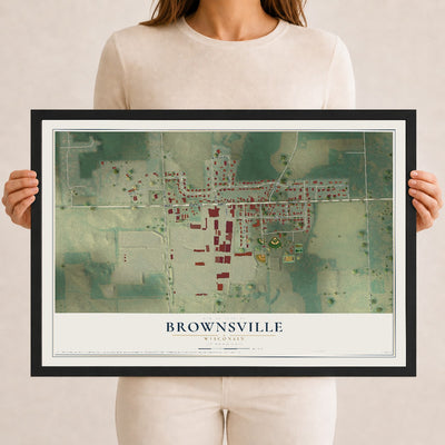 Map of Brownsville, Wisconsin, 12 x 18 inch print in a black wood frame
