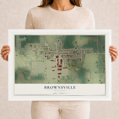 Map of Brownsville, Wisconsin, 12 x 18 inch print in a white wood frame