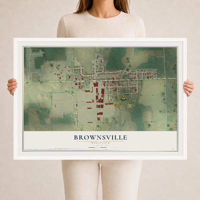 Map of Brownsville, Wisconsin, 24 x 36 inch print in a white wood frame