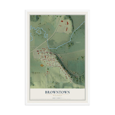 Map of Browntown, Wisconsin, 12 x 18 inch print in a white wood frame