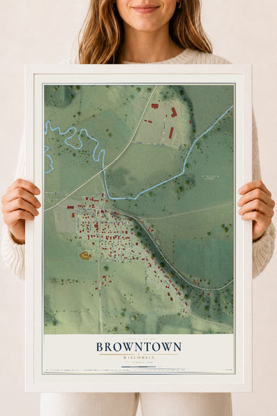 Map of Browntown, Wisconsin, 18 x 24 inch print in a white wood frame